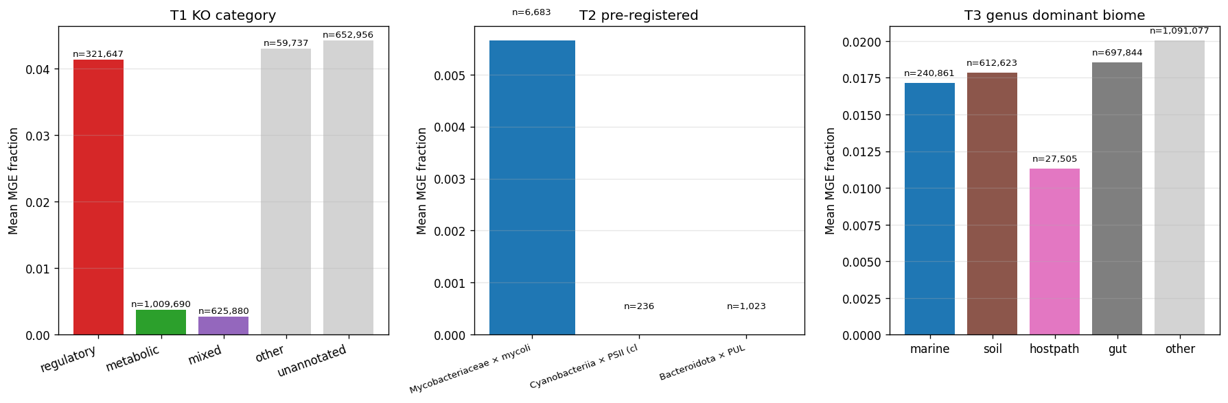 P4-D2 MGE-context panel — per-KO-category (top), per-pre-registered-hypothesis (middle), per-biome (bottom) MGE-machinery fractions