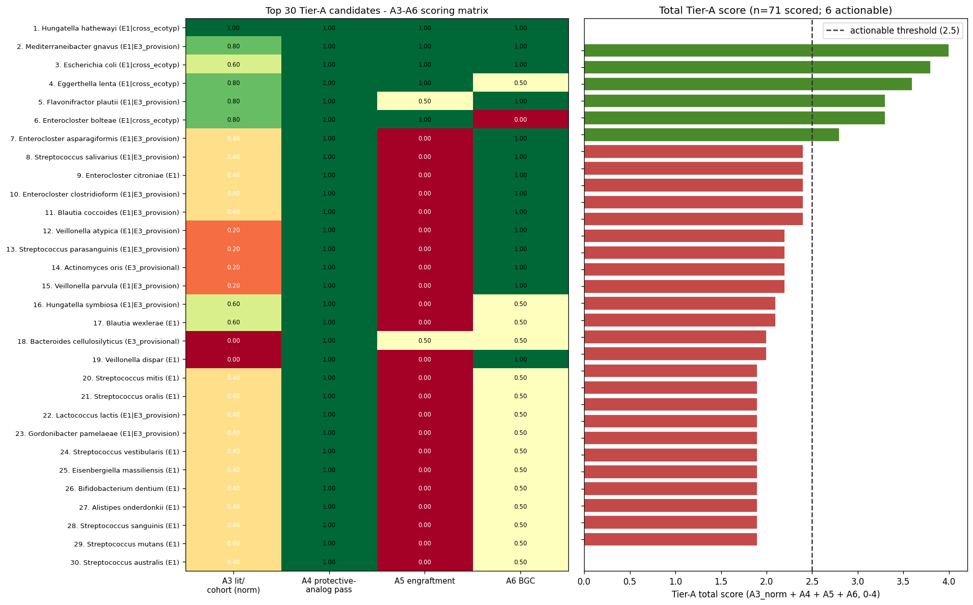 NB05 Tier-A scoring — top 30 scoring matrix + total-score bar chart